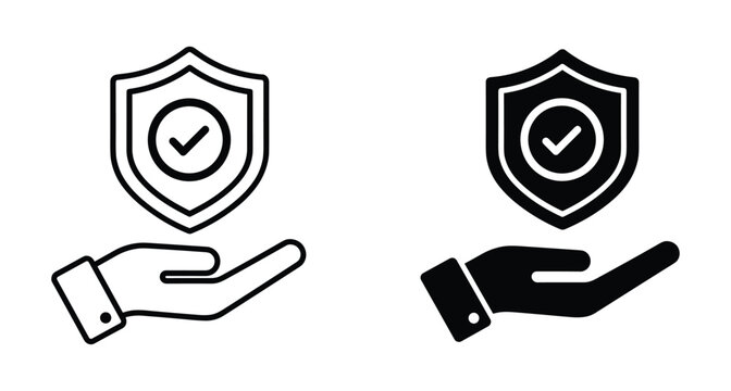 Hand holding shield with checkmark icon set representing insurance protection security safety guarantee reliability trust care support service business concept