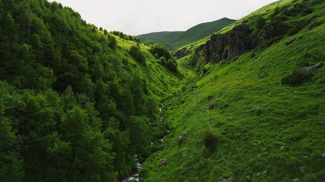 Epic Gergeti canyon mountain river valley aerial flight. 
Cinematic drone forward tracking shot inside deep gorge 
along wild stream near Kazbegi historic church in Georgia.
