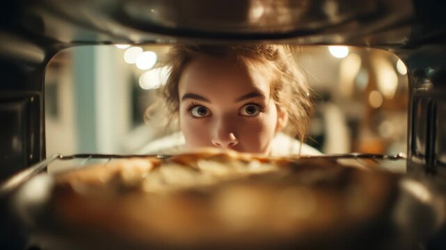 Young woman peeking at pie baking inside kitchen oven interior on rack with warm golden lighting and blurred background