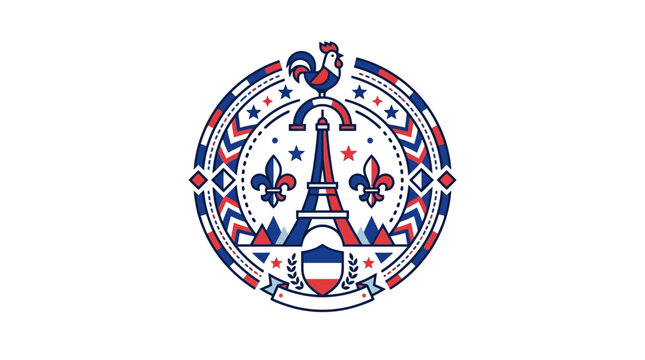Circular emblem featuring Eiffel Tower rooster and fleur de lis symbols of France.