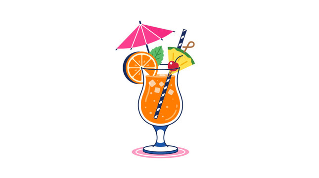 Colorful hand drawn tropical cocktail drink with fruit garnish and umbrella.