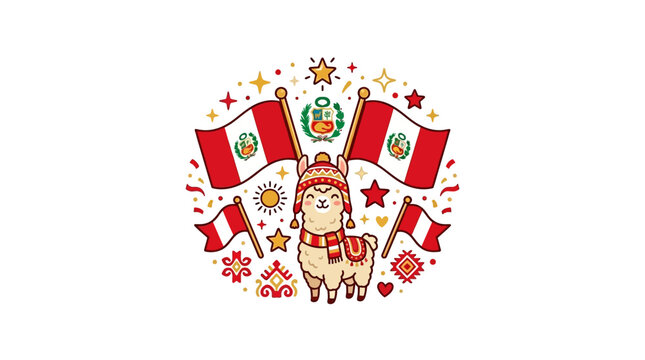 Cute Cartoon Llama Wearing Peruvian Chullo Hat With Peru National Flags.