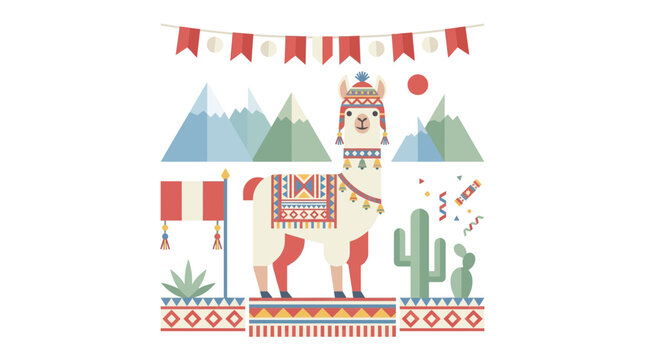 Cute cartoon llama illustration with festive peruvian inspired patterns.