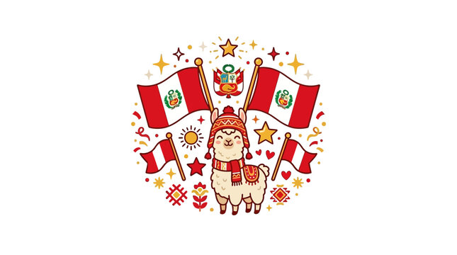 Cute cartoon llama wearing traditional Andean chullo hat with Peruvian flags.
