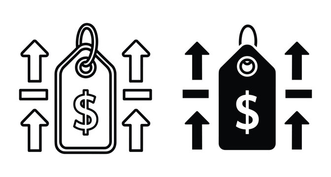 Price tag icon set with dollar sign and arrows showing cost increase and decrease for inflation deflation market value trends retail