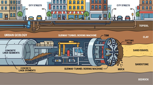 Subway Tunnel Boring Machine TBM Cross Section Vector Illustration