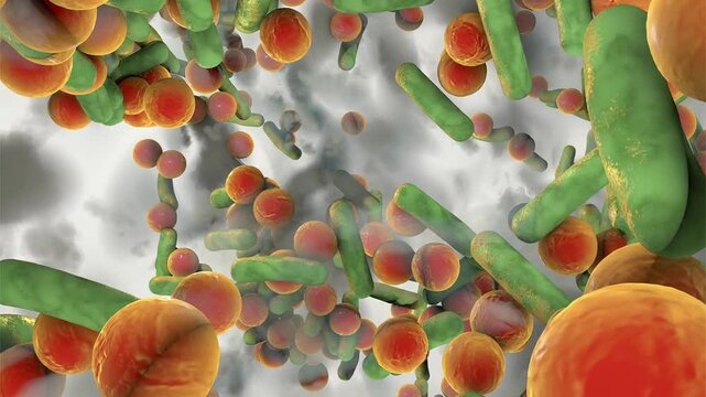 Bacteria of different shapes within biofilm, 3D animation showing cocci and rod-shaped cells embedded in extracellular matrix, illustrating microbial community and resistance.