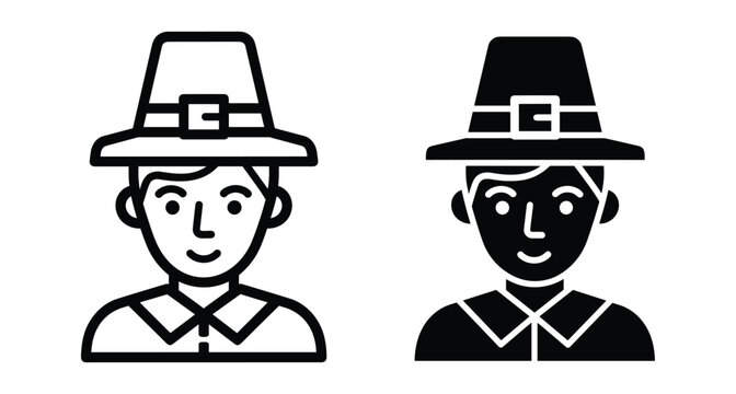 Pilgrim man icon set featuring traditional colonial hat with buckle for Thanksgiving holiday celebration and historical autumn harvest festival design