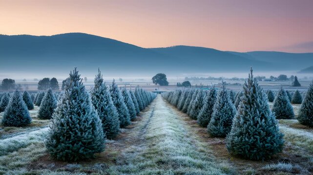 Rows of frosted evergreen trees standing in tree farm field in misty valley at dawn with distant mountains