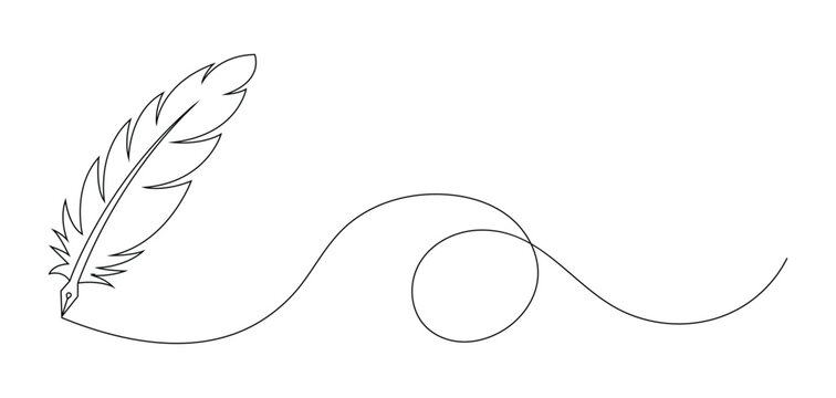 Feather quill pen drawing a continuous wavy line isolated on white background.
