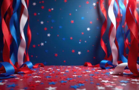 Red white blue ribbons and stars confetti adorn festive background. Celebration party decor for national holidays like 4th July or Memorial Day. Usa theme for events invitations cards.