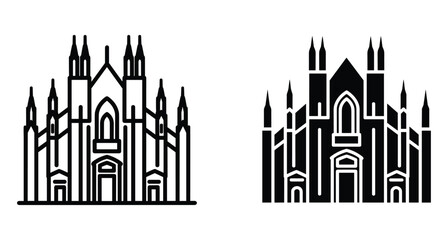 Obraz premium Milan Cathedral Duomo di Milano Italy landmark architecture icon set vector line art and solid silhouette style gothic church building