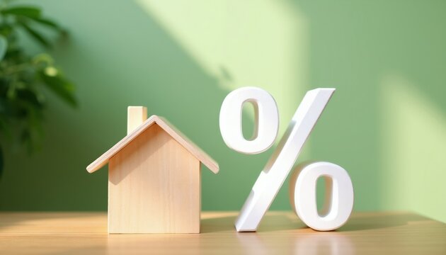 Wooden house model with percentage sign signifies low interest rates for home loans. Real estate investment concept for affordable housing and financial planning. Get best mortgage deals now.