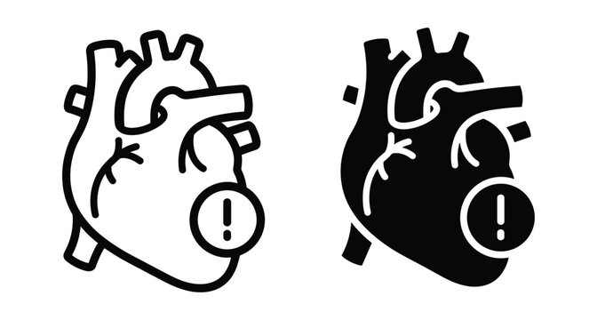 Human heart anatomy icons with warning alert exclamation mark symbol representing cardiac arrest heart attack failure medical emergency health risk