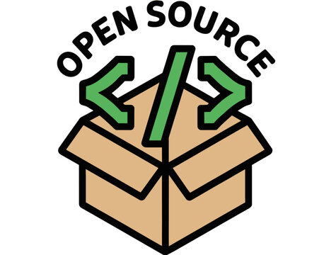 Open source code icon with cardboard box and green developer brackets, flat vector illustration on transparent background