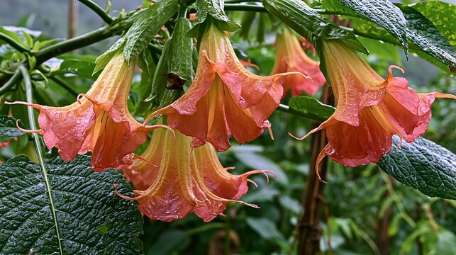 This Angel's Trumpet plant, Brugmansia Versicolor, is from a family of plants called Solanaceae. Native to Ecuador, it's now considered gone from the wild.