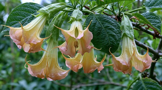 This Angel's Trumpet plant, Brugmansia Versicolor, is from a family of plants called Solanaceae. Native to Ecuador, it's now considered gone from the wild.