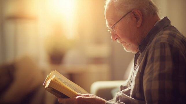 Senior man reading book showing thoughtful expression in warm light, focusing on knowledge and quiet enjoyment