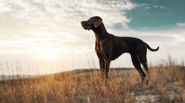 Elegant brown hunting dog standing alert in tall field grass, looking focused during golden hour sunset
