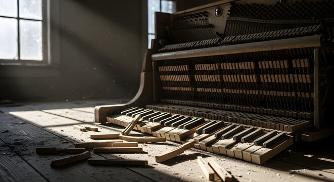 Deconstructed antique pump organ with scattered keys in a sunlit abandoned room