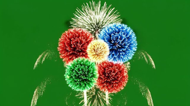 Bright fireworks explode in a heart shape against a green background