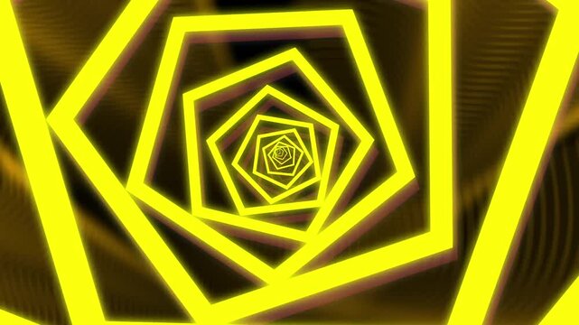 Abstract yellow glowing pentagon tunnel loop motion graphics background with seamless endless camera.