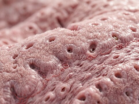 Microscopic view of human skin surface with visible pores and hair follicles