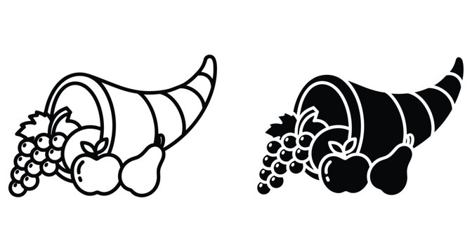 Cornucopia horn of plenty icon set with autumn harvest fruits including grapes apple and pear for Thanksgiving holiday celebration design