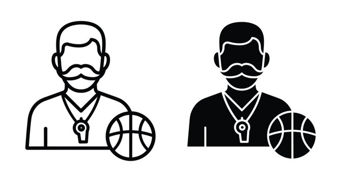 Basketball coach icon set featuring male referee with mustache wearing whistle and ball symbol for sports training basketball coach icon set