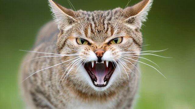 A close-up shot of an aggressive tabby cat hissing with its mouth open, showing sharp teeth.