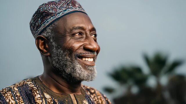 Elderly african man smiling and looking to side in outdoor tropical garden with palm trees wearing patterned traditional clothing and hat