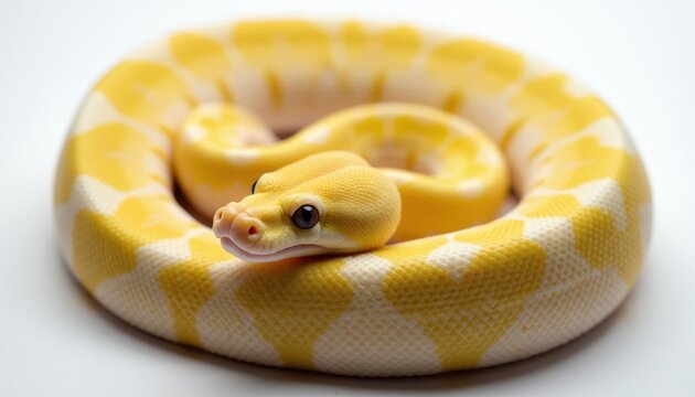 Yellow and white snake coiled on clean surface. Reptile has patterned scales and dark eyes. Close view shows smooth texture and detailed skin. Animal is calm and still.