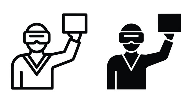 Virtual reality user icon set featuring person wearing goggles holding tablet screen for augmented reality simulation and digital technology interface