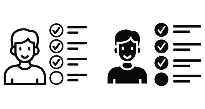 User profile checklist icon showing person with completed tasks survey results skills assessment progress tracking and evaluation form vector set