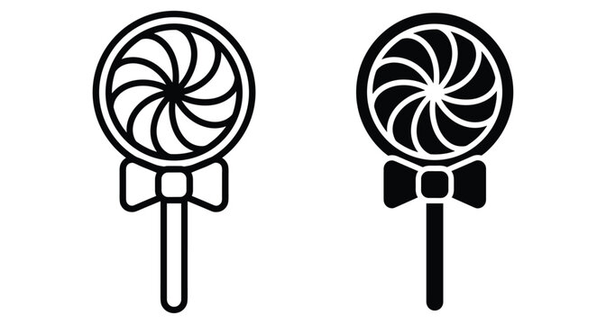 Lollipop candy icon set with swirl pattern and bow tie decoration for sweet shop branding and party celebration design elements