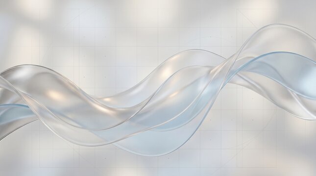 Abstract minimalist 3D background with flowing transparent glassmorphism waves, subtle geometric grid lines, and copy space for tech corporate landing page header, generative AI