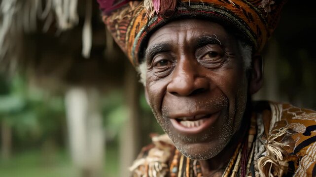 Elder african man smiling and speaking in traditional attire at thatched village hut with blurred tropical background