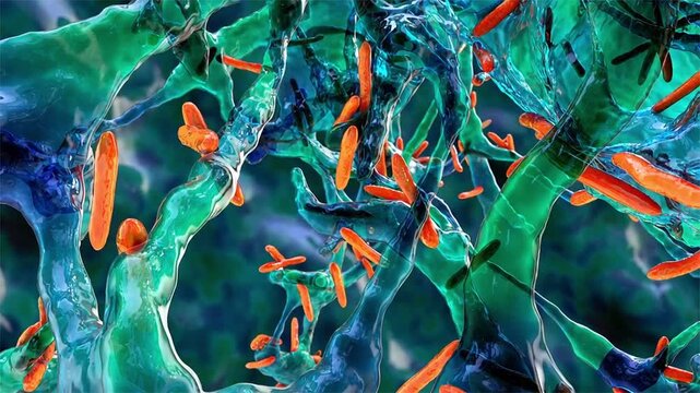 Mycobacterium tuberculosis bacteria within biofilm, 3D animation showing rod-shaped cells embedded in extracellular matrix, illustrating chronic infection and persistence.