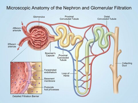 Detailed medical illustration showing nephron anatomy and glomerular filtration