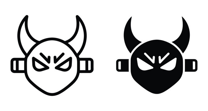 Devil mask icon set with horns and angry eyes in outline and solid black silhouette style for gaming or halloween