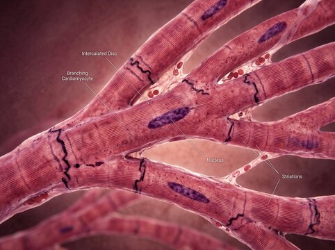 Detailed 3D medical illustration of cardiac muscle cells with intercalated