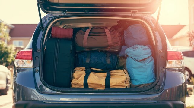 Car trunk packed with various bags and suitcases, preparing for a long road trip or vacation during bright daylight