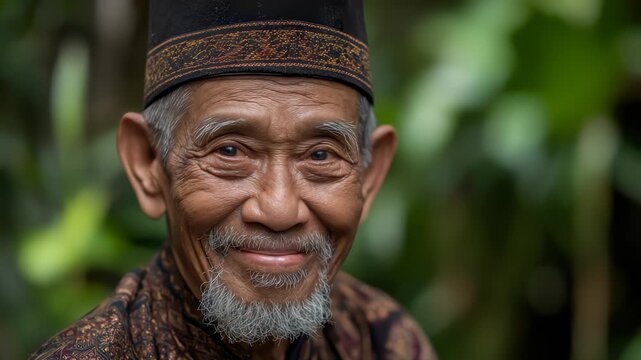 Elderly man smiling and posing in lush tropical garden backyard wearing traditional cap and patterned clothing