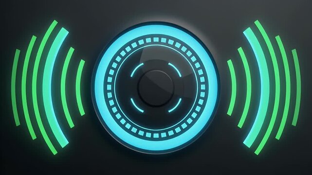 A futuristic blue and green sound wave emanates from a black circular device on a dark background.