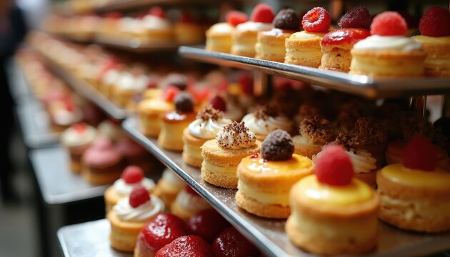 Tiered display racks showcase rows of colorful petits fours, mini cakes, pastries. Assortment includes fruit toppings, cream swirls, ideal for events, celebrations. Confectionery treats arranged for