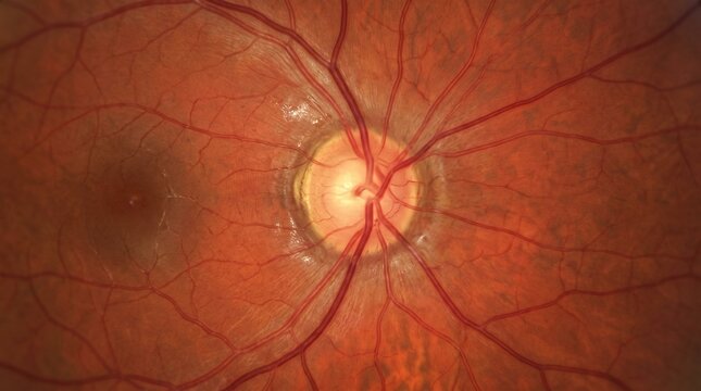 Medical image of human retina showing optic disc and blood vessels with medicine