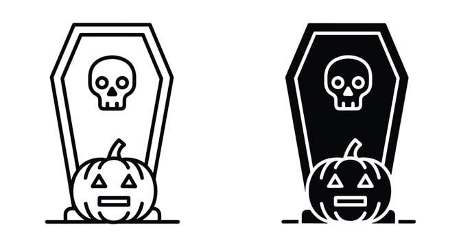 Halloween coffin icon set with skull and pumpkin jack o lantern symbols for spooky holiday design projects and seasonal decorations