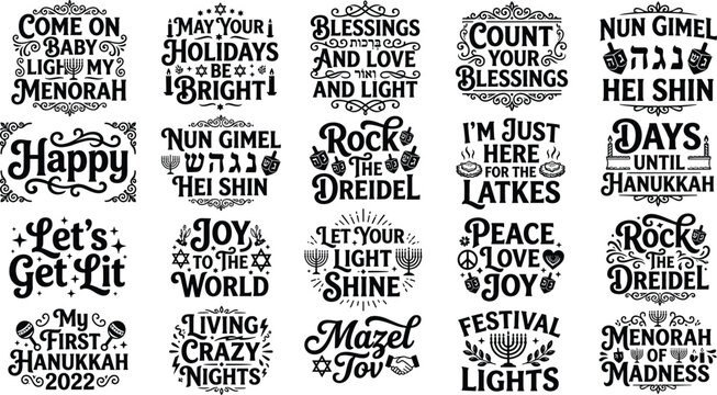 Festive Hanukkah vector illustration set with decorative typography quotes, menorahs, dreidels, stars, and holiday symbols