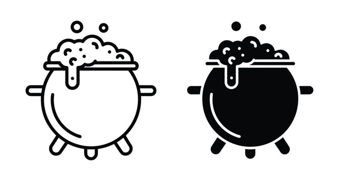 Witch cauldron icon set with bubbling magic potion for Halloween party design spooky occult symbol in outline and glyph style