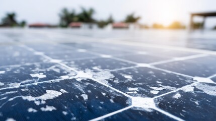 Fototapeta premium Solar panel damage from hail impact on residential rooftop, illustrating weather resilience and energy system vulnerability
